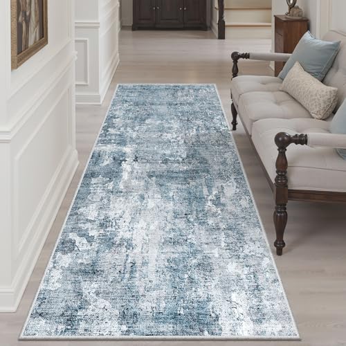 Abstract Runner Rug 3x6 Hallway Kitchen Rugs Non (Blue/Grey / 3' x 6' (Runner))