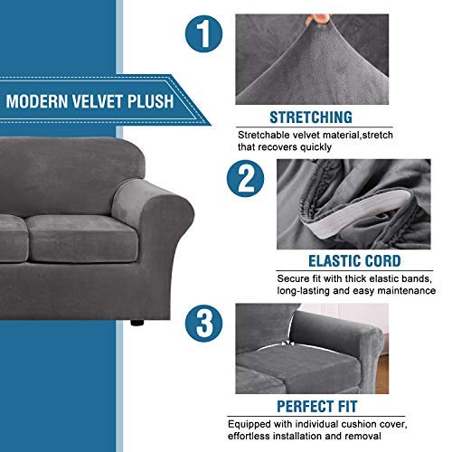 Velvet 4 Piece High Stretch Sofa Slipcover Cover Furniture Protector Form Fit Luxury Thick Velvet Extra Large Sofa Cover for 3 Cushion Couch Width Up to 105 Inch (3 Cushion XL Sofa / Grey)