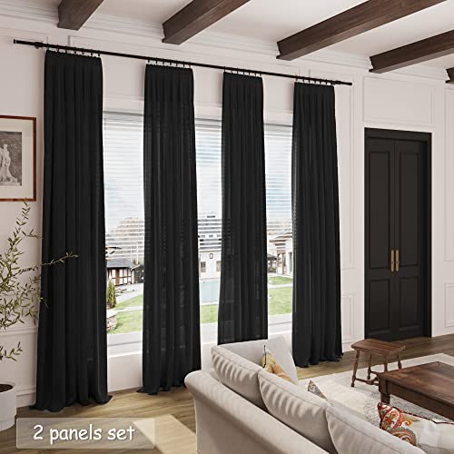 Linen Black Curtains 135 inch Extra Long for Living Room Back Tab Light Filtering Semi Sheer Drapes Modern Farmhouse Coastal Decor Cotton Textured Curtain for Floor to Ceiling High Window 52x135 (52"W x 135"L (Pack of 2) / Black)