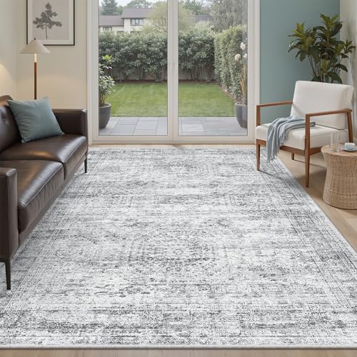 5x7 Area Rugs Grey Low Pile Washable Trendy Faded Style Rug (Grey / 5' x 7' (Rectangular))