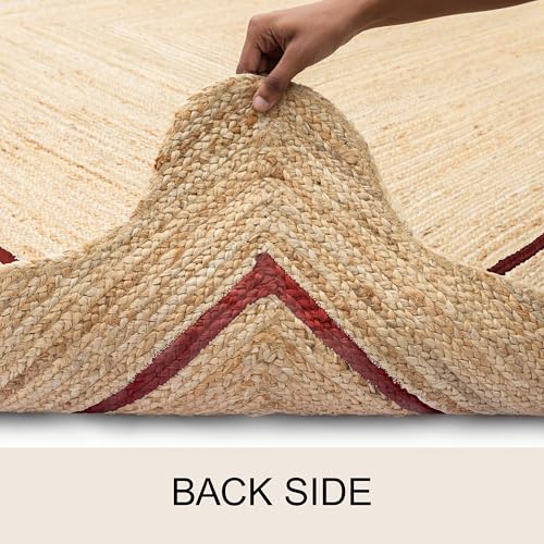 Wave Scalloped Jute Rug Entryway Natural Boho Area Rug Rustic Red 7'x7' (7'x7' / Rustic Red)