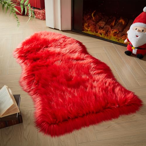 Faux Fur Rug Red Area Rug (2' x 4' (Sheepskin) / Red)
