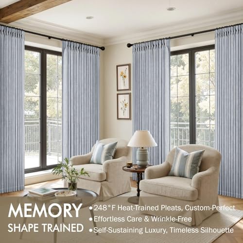 Pinch Pleated Linen Curtains 96 Inches Long 2 Panels Light Blue (Chambray Blue / 40"W x 96"L (Pack of 2))