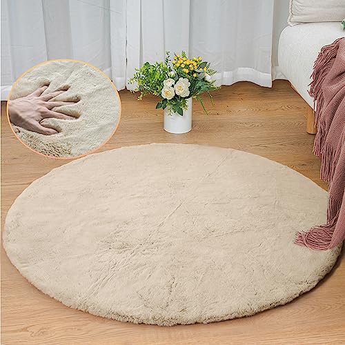 Camel Plush Shag Faux Rabbit Washable Fuzzy Fur Rugs for Living Room Bedroom Kids Circle Small Nursery Area Rug Round Rug 3ft (3' (Round) / Beige)