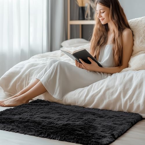 2x3 Machine Washable Small Bedside Rug (2x3 Ft / Black)