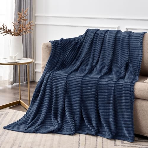 3D Ribbed Navy Blue Fleece Throw Blanket for Couch (Navy / Throw XL(50"x70"))
