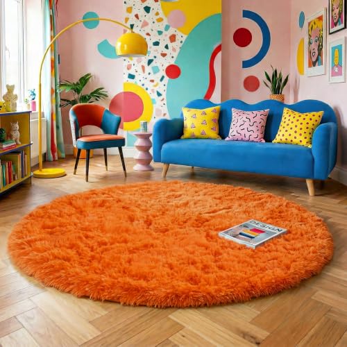 Orange Round Shag Kids Rug 4Ft for Bedroom Living Room Classroom (Orange / 4' (Round))