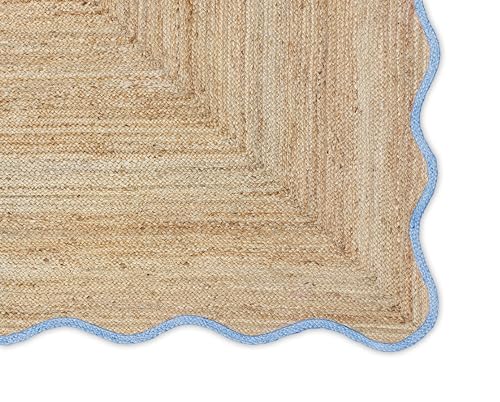 Wave Scalloped Natural Jute Runner Rug Boho Jute Rug Hallway Entryway Runner Rug (Sky Blue / 2'6"x14' (Runner))