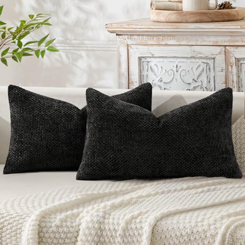 Decorative Lumbar Throw Pillow Covers 12x20 Inch Black 2 Pack (20" x 12" (Pack of 2) / Black)