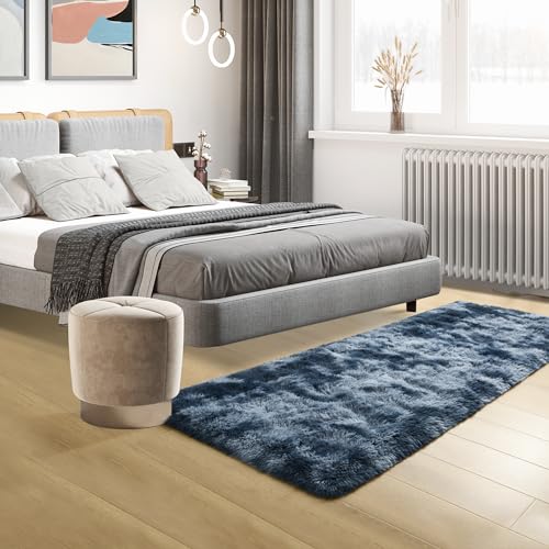 Soft 2x6 Runner Rugs for Bedroom Living Room Fluffy Plush (Tie-dyed Blue and Grey / 2' X 6' (Runner))