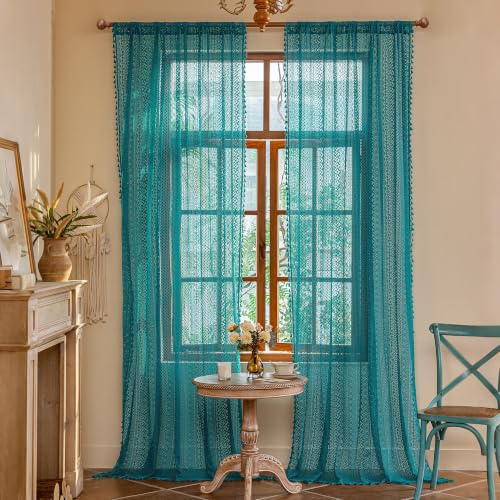 Boho Lace Curtains 96 Inches 2 Panel (59"W x 96"L (Pack of 2) / Teal)