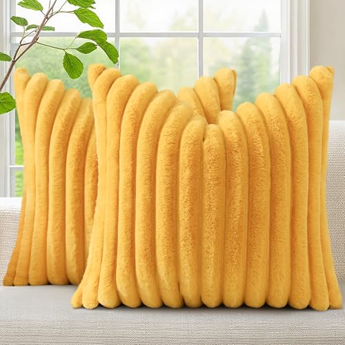 Fall Faux Fur Throw Pillow Covers 20x20 Set of 2 Mustard Yellow (Mustard Yellow / 20" x 20" (Pack of 2))