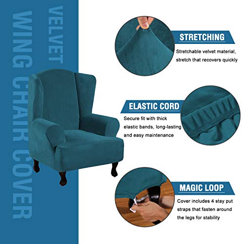 Wingback Chair Covers Velvet Plush Wing Chair Slipcover 1 Piece High Stretch Wing Back Chair Slipcovers Sofa Cover Furniture Cover with Elastic Bottom (Deep Teal / Wing Chair)