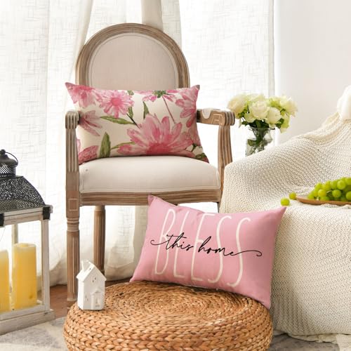Home Sweet Home Spring Summer Flowers Pink Throw Pillow Covers (Pink / 20" x 12" (Pack of 4))