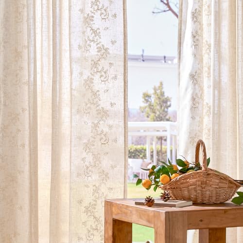 Floral Linen Curtains 63 Inch Farmhouse Back Tab 2 Panels (Vine | Ivory / 50"W x 63"L (Pack of 2))