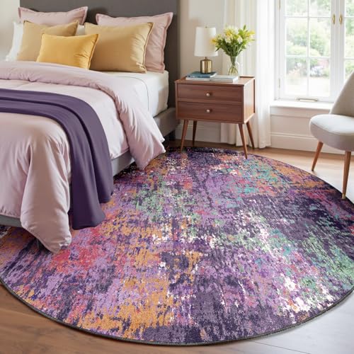 Washable Round 8ft Area Rug for Living Room Purple Multi (Purple/Orange/Teal/Green/Red / 8' (Round))