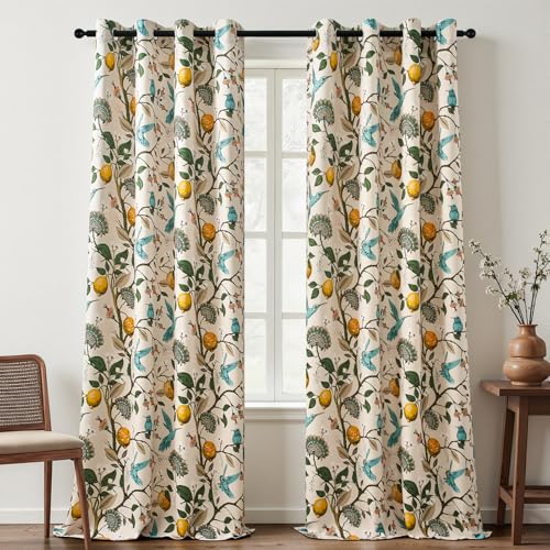 Floral Curtains 90 Inches Long 2 Panels Unique Natural Beige Luxury Elegant Colorful Euro Flower Hummingbird Patterned Rustic Vintage Grommet Drapes for Classroom Room Office Closet 52x90 (Beige / 52"W x 90"L (Pack of 2))