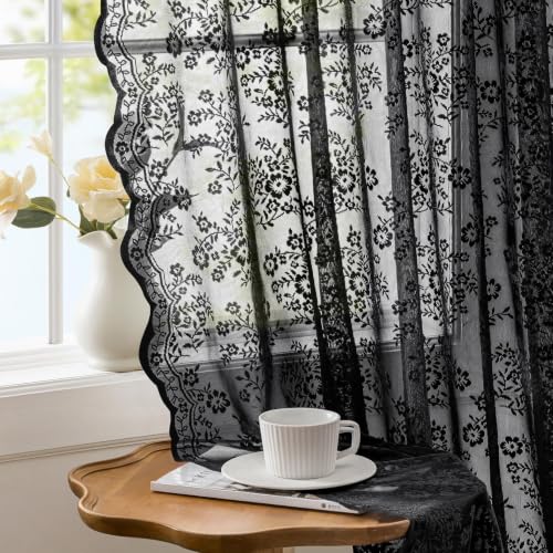 2 Panels Vintage Lace Curtains 72 Inches Long 52 x 72 Inch Black (Black / 52"W x 72"L (Pack of 2))
