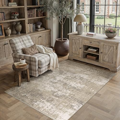 Beige Brown Area Rug 5x7 Modern Abstract (Abstract Beige Brown / 5' x 7' (Rectangular))