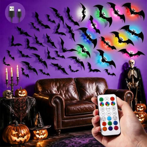 48P Bats Halloween Decorations + 12P Rechargeable Lights with Remote (Black, Black)