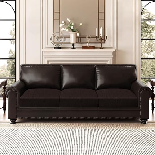 Leather Look Couch Cushion Covers Sofa Seat Slipcovers Sets Couches Furniture Protector for Sectional Armchair Loveseat Pets Kids Stretch Spandex Fabric (3 Cushion Sofa / 05 Chocolate)