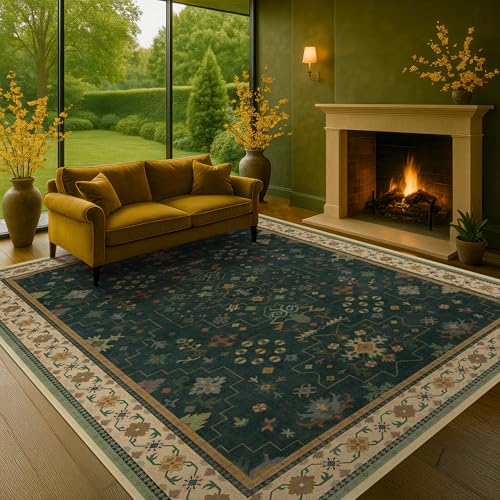 Dark Green Vintage 7x10 Washable Rugs for Living Room (7' x 10' (Rectangular) / Dark Green)