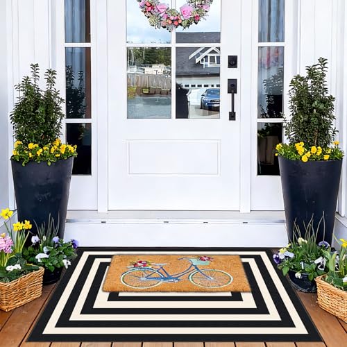 Front Door Mat Indoor Outside Entrance (Geometric Border- Black/White / 2' x 3' (Rectangular))