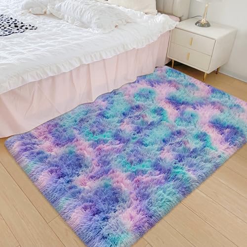 Small Area Rug for Bedroom 3x5ft Mini Tie (Tie-dyed Purple Rainbow / 3' x 5' (Rectangular))