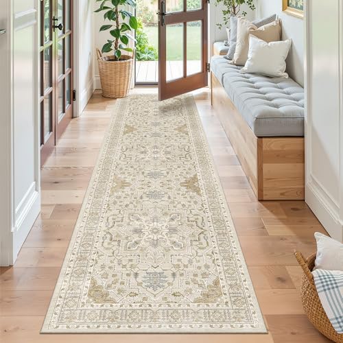 Kitchen Runner Rug 2x7 with Rubber Backing Non Slip (Beige/Blue / 2' x 7' (Runner))