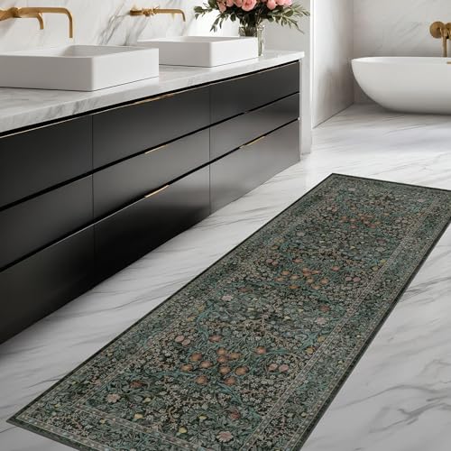 Vintage Floral Dark Green Washable Runner Rug 2x6 (Dark Green / Black / 2' x 6' (Runner))