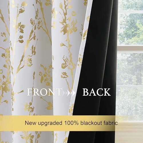 Gold Foil Printed Floral Curtains 100% Blackout (Branch-100% Blackout Greyish White / 52"W x 96"L (Pack of 2))