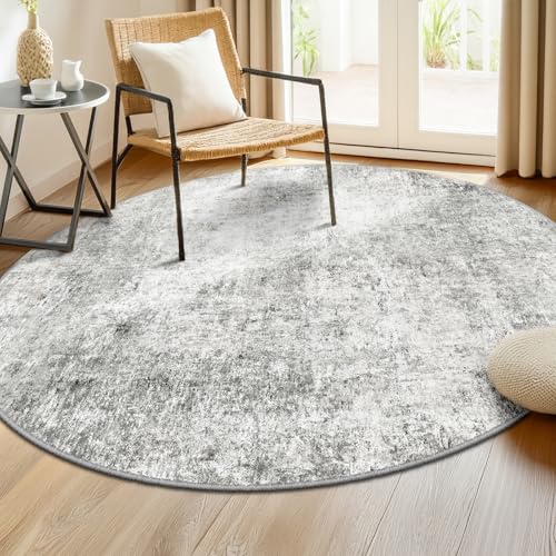 Washable Round 6ft Area Rug for Living Room Gray White (Gray/White / 6' (Round))