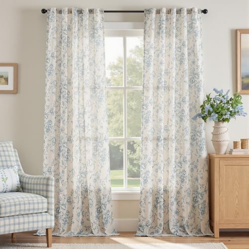 Blue Floral Linen Curtains 96 Long for Living Room 2 Panels (Blue / 42"W x 96"L (Pack of 2))