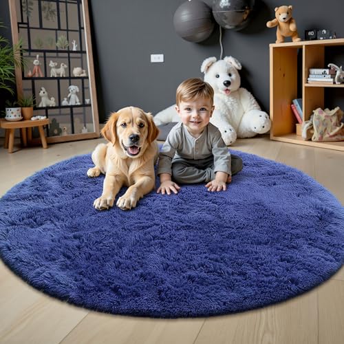 Navy Blue Round Rugs for Bedroom (5 Ft Round / Navy Blue)