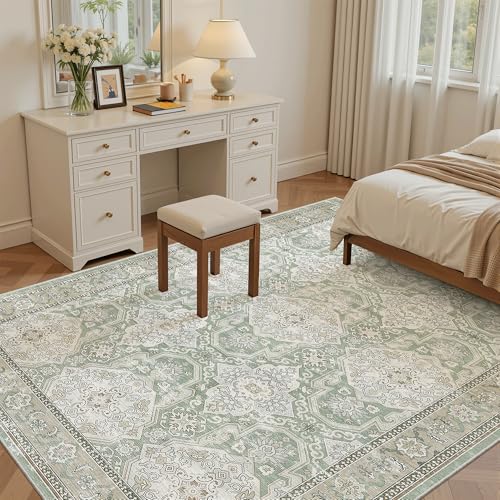 5x7 Area Rug Low Pile Washable Trendy Faded Style Rug (Green/Brown / 5' x 7' (Rectangular))