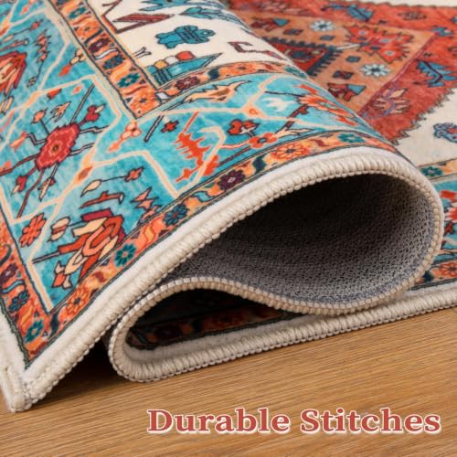 4ft Washable Non Slip Round Boho Area Rug for Bedroom (Orange/Multi / 4' (Round))