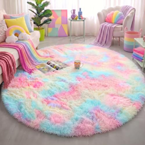 Rainbow Unicorn Pastel Circle Round Rug 4Ft for Girls Kids Bedroom (Rainbow / 4' (Round))