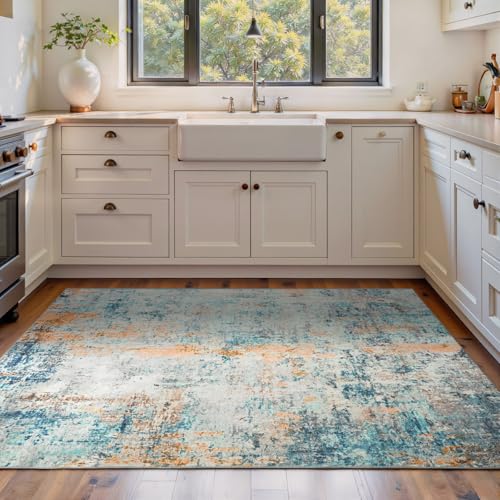 Area Rug 4x6 Blue Rug Washable Boho Rugs Non Slip Low Pile Abstract Small Carpet for Entryway (Blue / 4' x 6' (Rectangular))