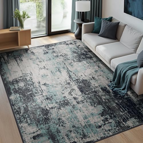 Washable 6'x8' Abstract Area Rug for Living Room Teal Black (Black/Teal Blue / 6' x 8' (Rectangular))