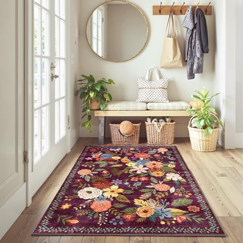 Purple Floral Area Rug 3x5 for Bedroom Entryway (Purple / 3' x 5' (Rectangular))