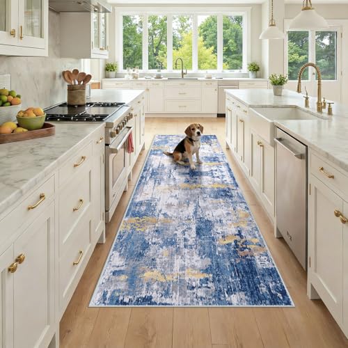 Washable Runner 3'x8' Abstract Area Rug for Hallway Blue Gold (Blue/Gold / 3' x 8' (Runner))