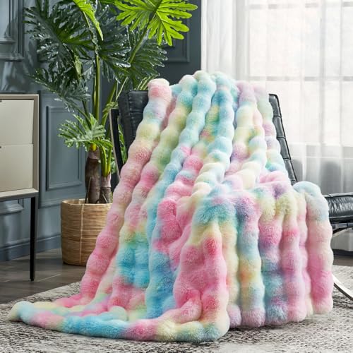 Faux Fur Throw Blanket for Couch (Tie-dye Rainbow / Throw(50" x 60"))