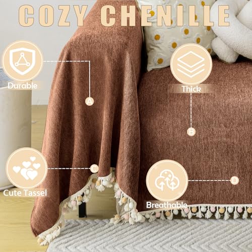 Boho Style Sofa Cover with Tassels (91" x 134" / Tassel Ball: Chocolate)