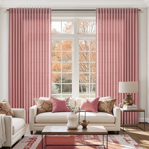 Canyon Rose Linen 144 Inch Curtains for Living Room Light Filtering Semi Sheer Curtain Back Tab Modern Farmhouse Decor Elegant Girl Drapes Floor to Ceiling High Window for Bedroom 52x144 (52"W x 144"L (Pack of 2) / Canyon Rose)