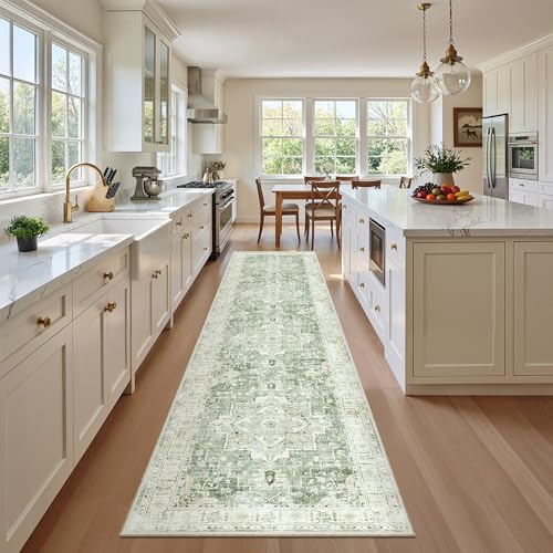Washable Runner Rugs 2x10 Long for Hallway Kitchen (Green/Ivory / 2' x 10' (Runner))