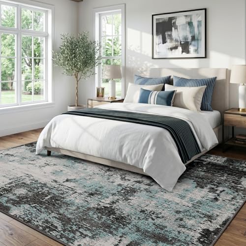 Washable 6'x9' Abstract Area Rug for Living Room Teal Black (Black/Teal Blue / 6' x 9' (Rectangular))