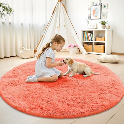 Coral Red Round Rugs for Bedroom (6 Ft Round / Coral Red)