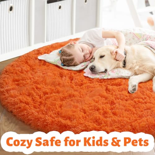 Orange Large Round Shaggy Area Rug 6Ft for Bedroom Living Room (Orange / 6' (Round))