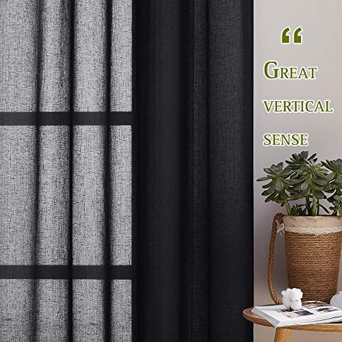 Natural Flax Sheer Linen Curtains Grommet Top (52"W x 45"L (Pack of 2) / Black)