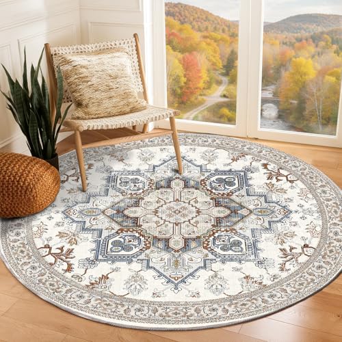 Soft Area Rugs 6' (6' (Round) / Cream White & Blue)